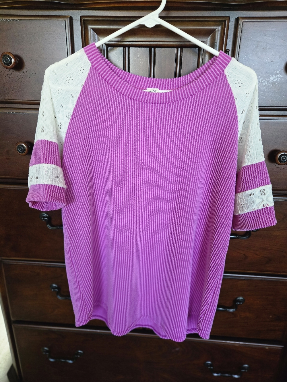 NWOT, Women's Pink Lace Raglan Sleeve Knit Top, Sz. L
